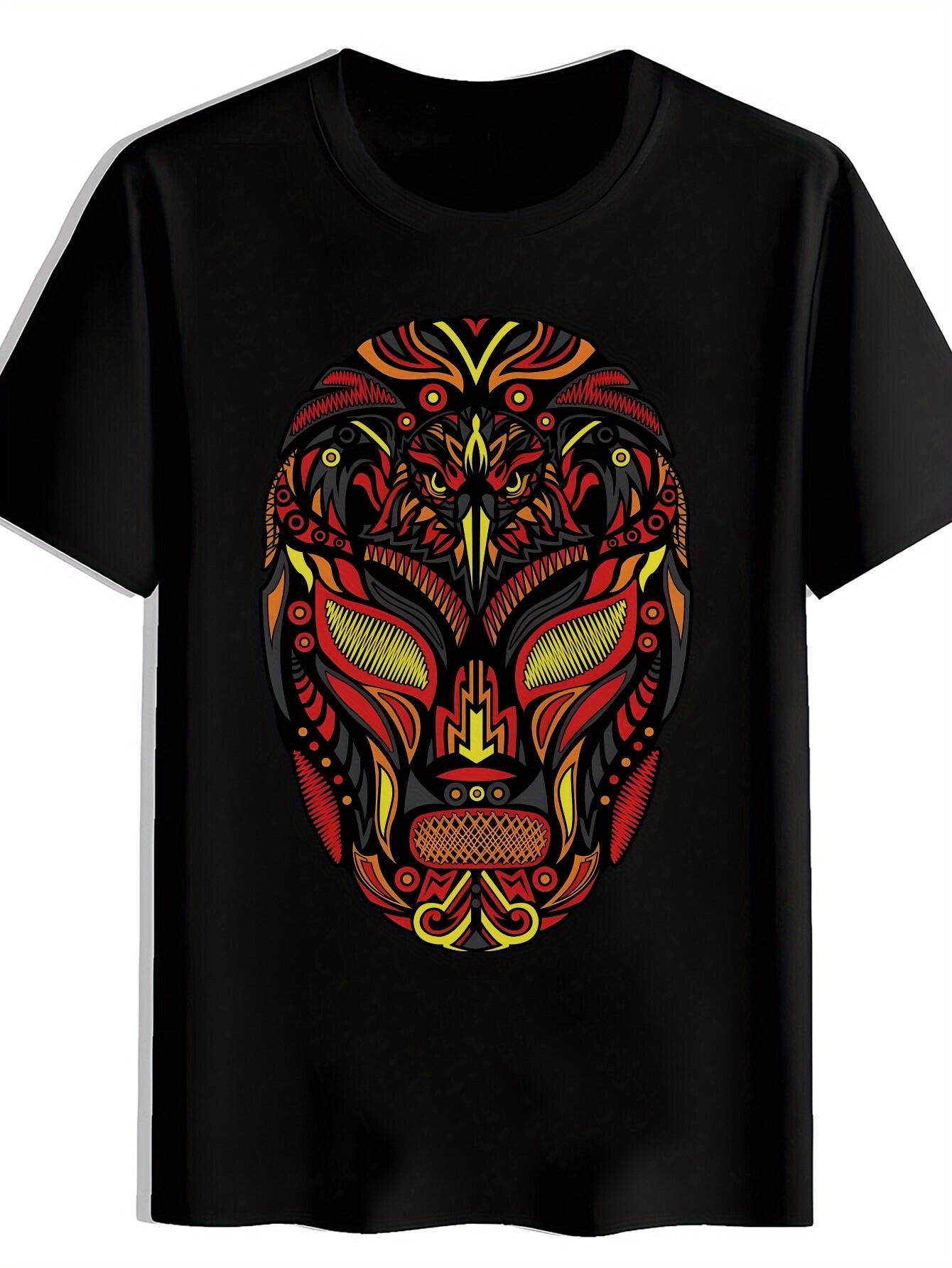 Mexican Graphic T-shirt - Bold Aztec/Mayan Inspired Face Print Tee in Red XXL