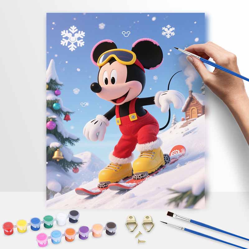 Disney Digital Oil Painting Mickey Mouse Skiing Winter Snow Christmas Diy Home Decoration