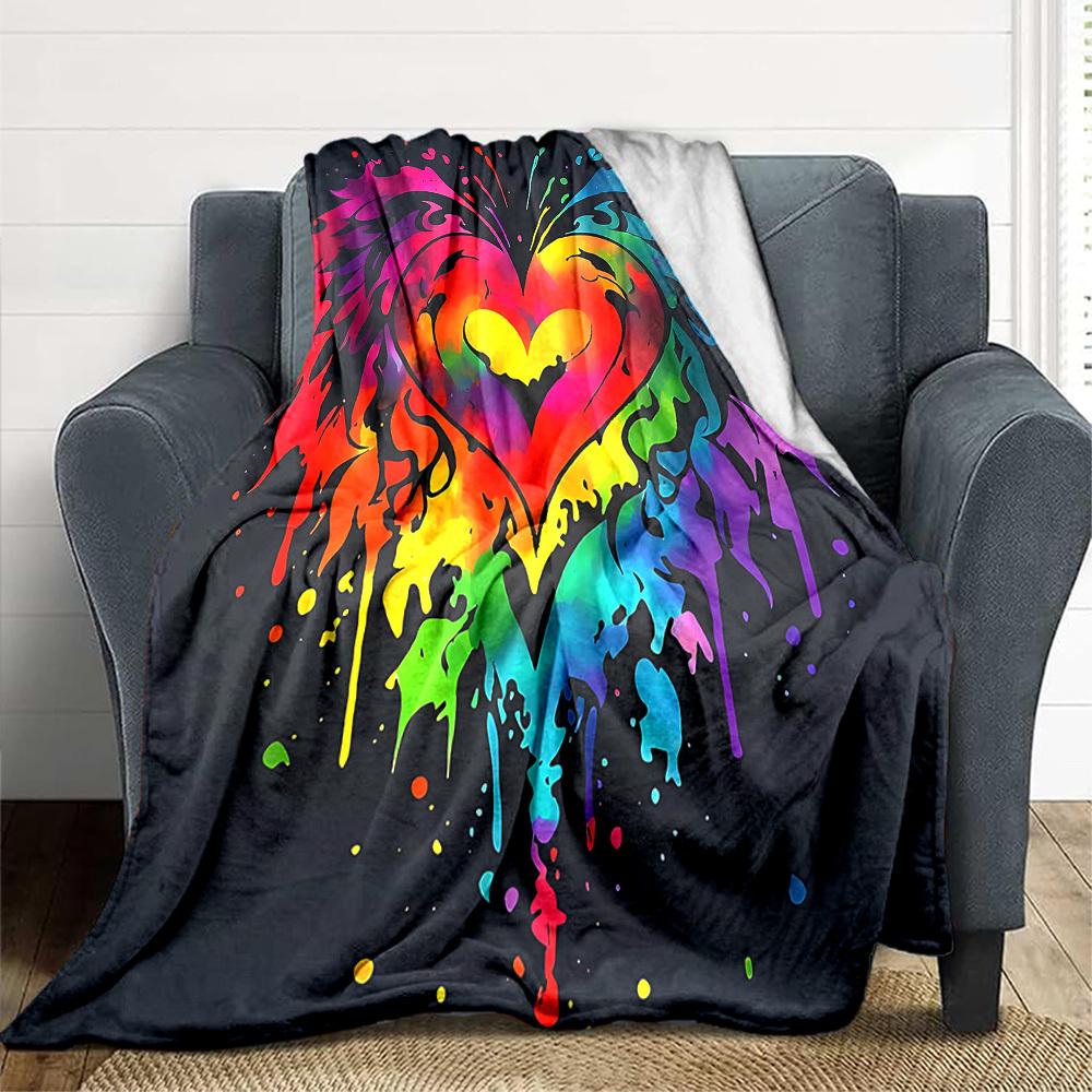 1pc Heart Rainbow Lightweight Flannel Blanket, Comfortable and Warm Blanket, for Office and Camping Sofa Bed073