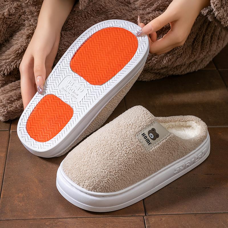 Non-slip Bottom Thermal Cotton Slippers Winter Home Piled Thickened Couple Cartoon Bear Plush Slippers