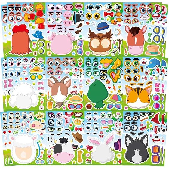 36 PCS Farm Animal Stickers Sheets, Make-a-face Sticker, Make Your Own Stickers for Kids Farm Themed Party Favors Supplies Craft Birthday Gift for