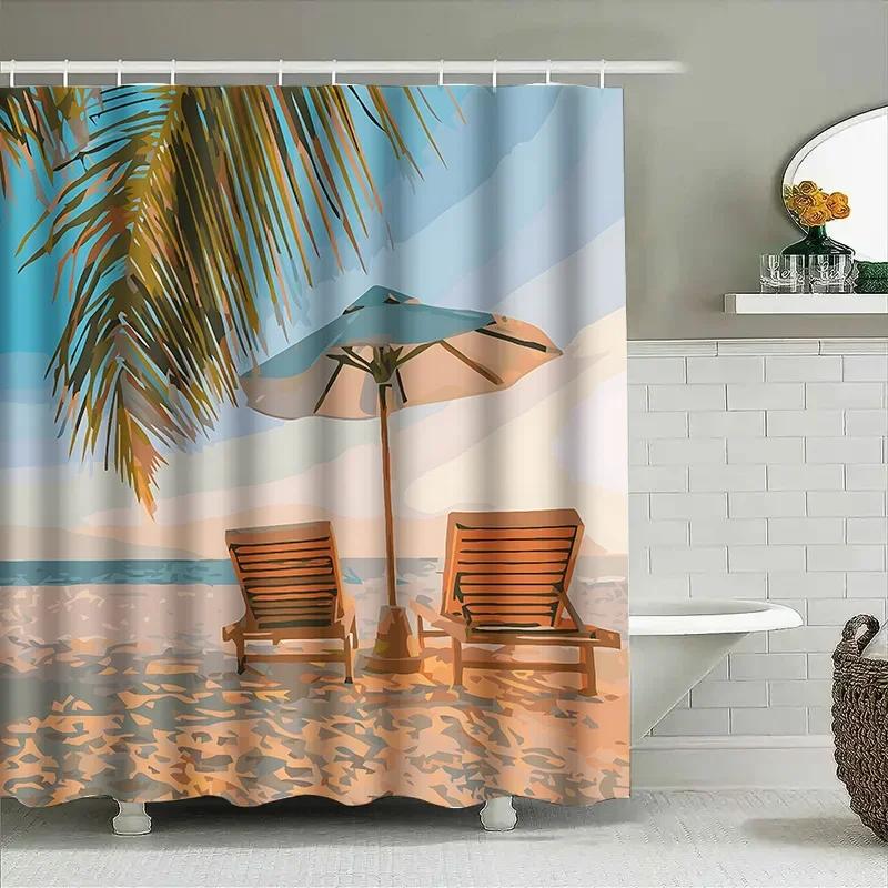 Beach Style Shower Curtain Exquisite Pattern Design Waterproof Anti-Mildew Bathroom Decoration Home Essential Rustproof Hooks