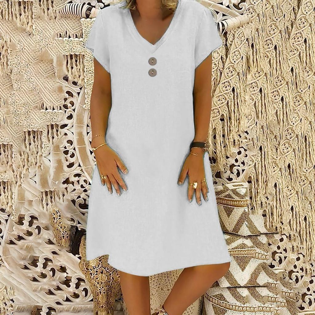 Women's Fashionable Retro V-Neck Short-Sleeve Casual Cotton-Linen Dress