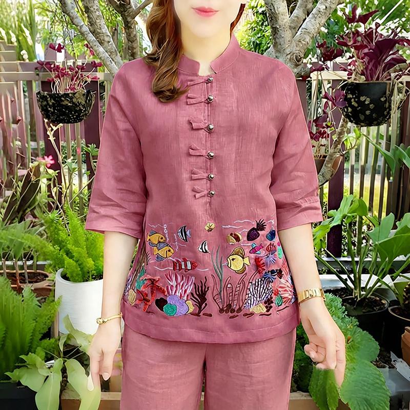 ZANZEA Damen Lässig Stehkragen Locker Halber Ärmel Print Bluse