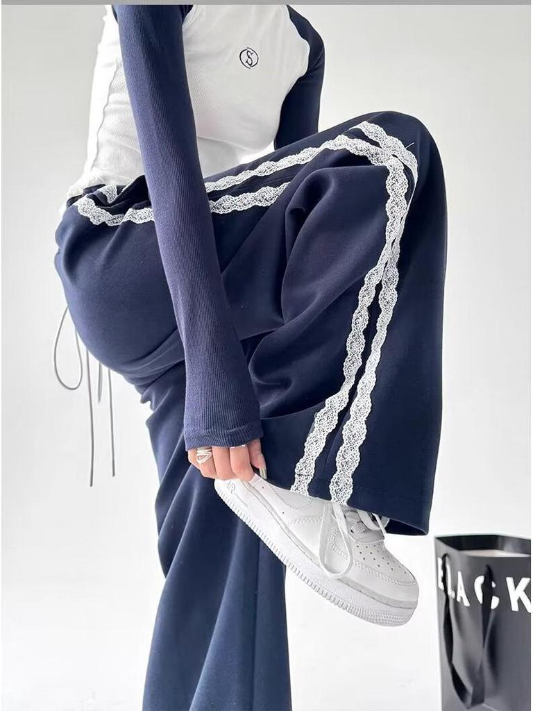 2024 Women's Trendy High Waist Wide-Leg Patchwork Lace Sweatpants