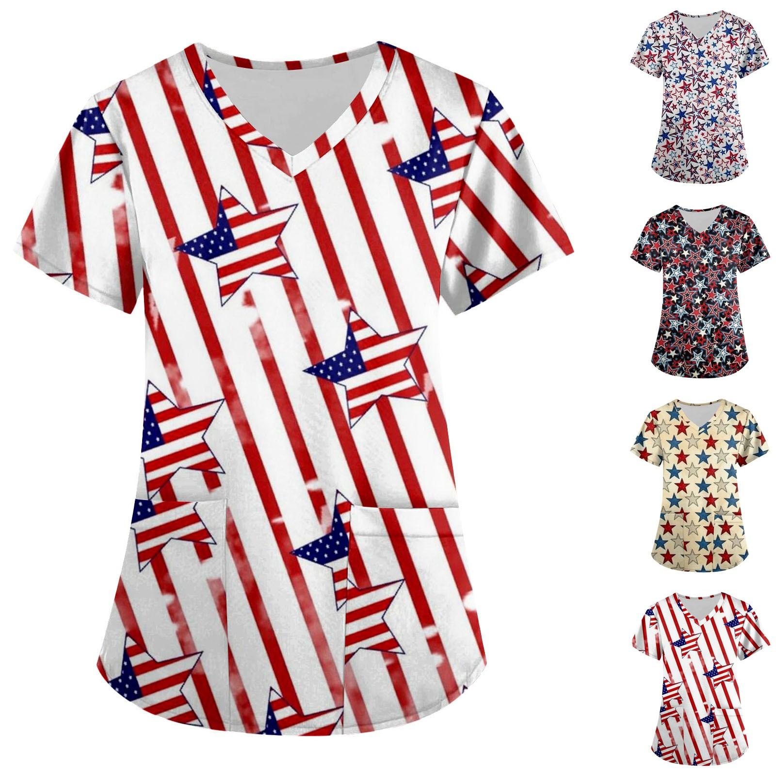 

(Куниде) Женская мода, топы с короткими рукавами и v-образным вырезом с принтом на День независимости, рабочая блузка с карманами