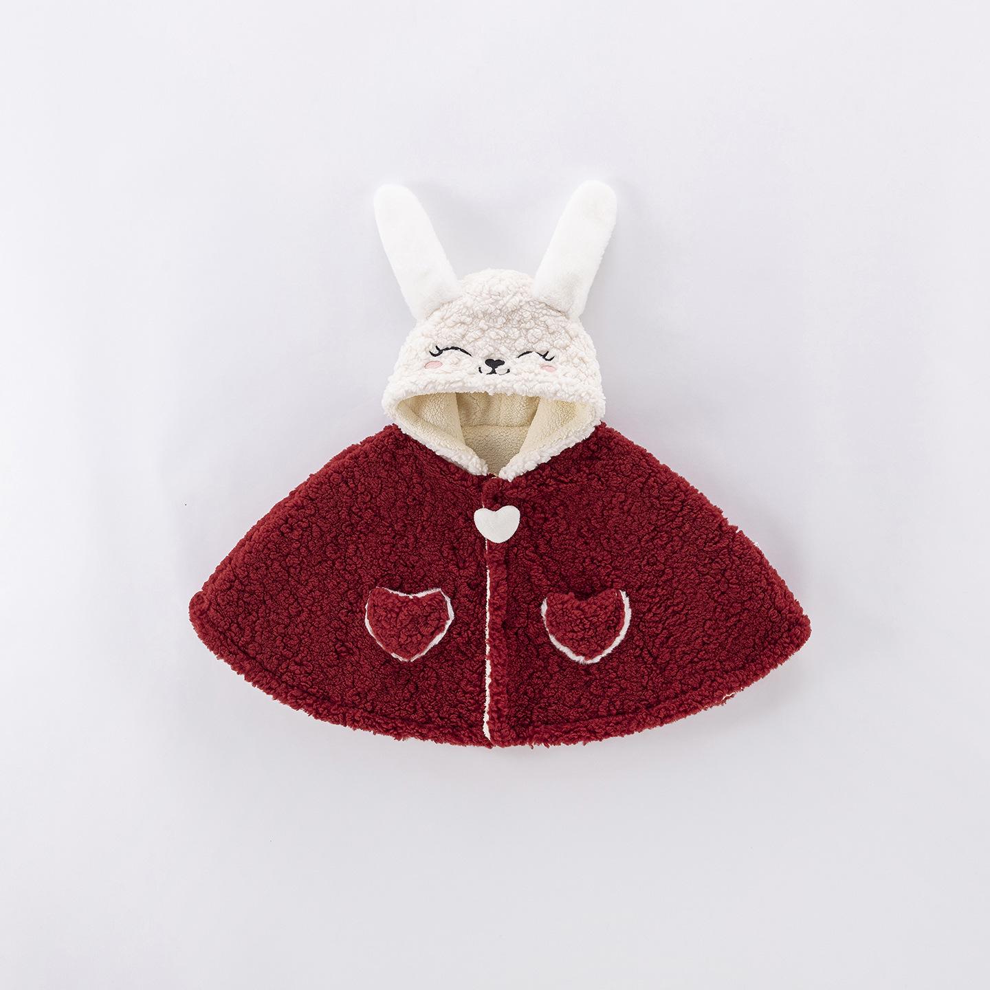 Windproof Velvet Baby Cape - Red Festive Cloak for Girls, Warm and Cute Winter Jacket One Size
