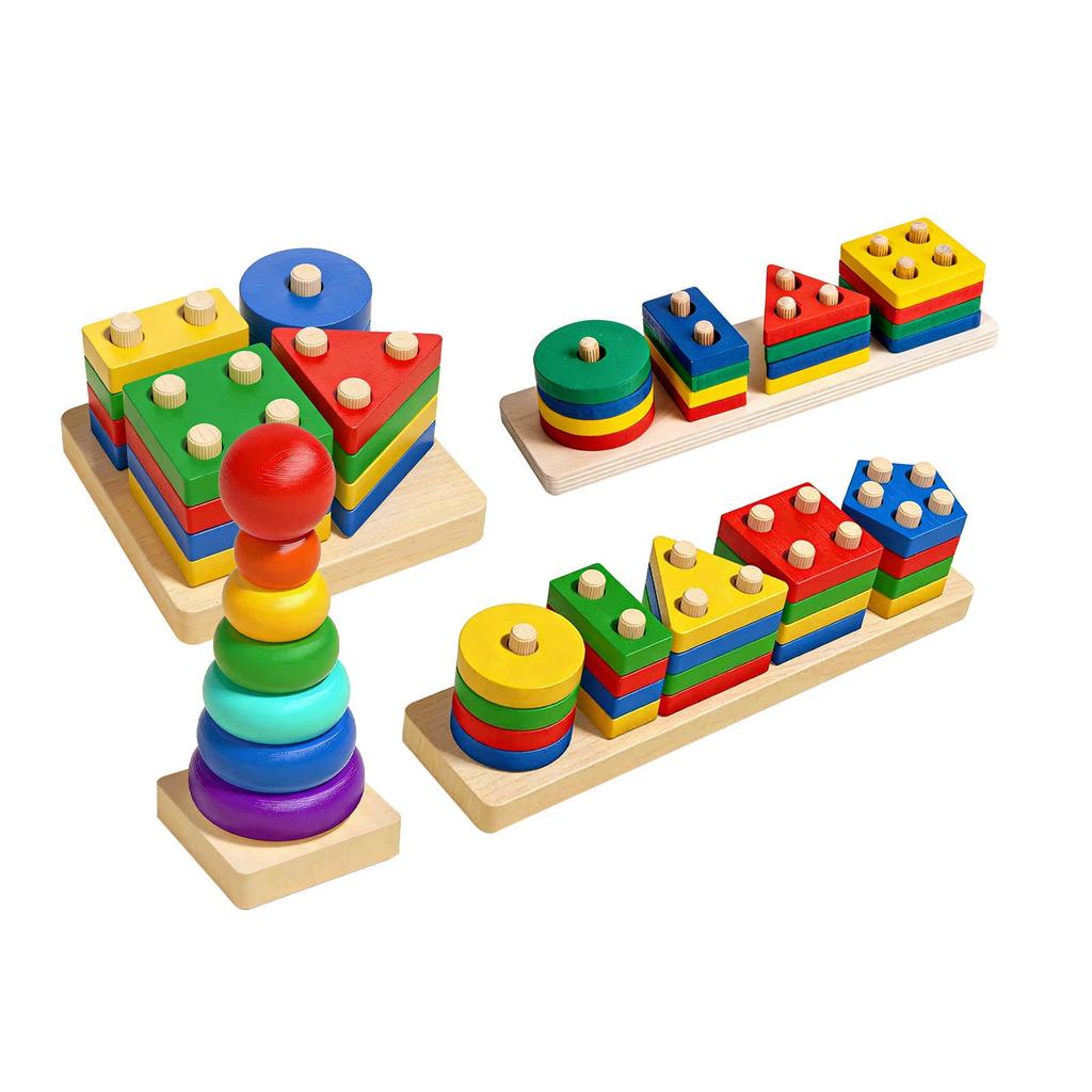 DOWMOO Geometric Stacking Educational Toy - Smooth Wooden Pegboard Blocks for Early Learning