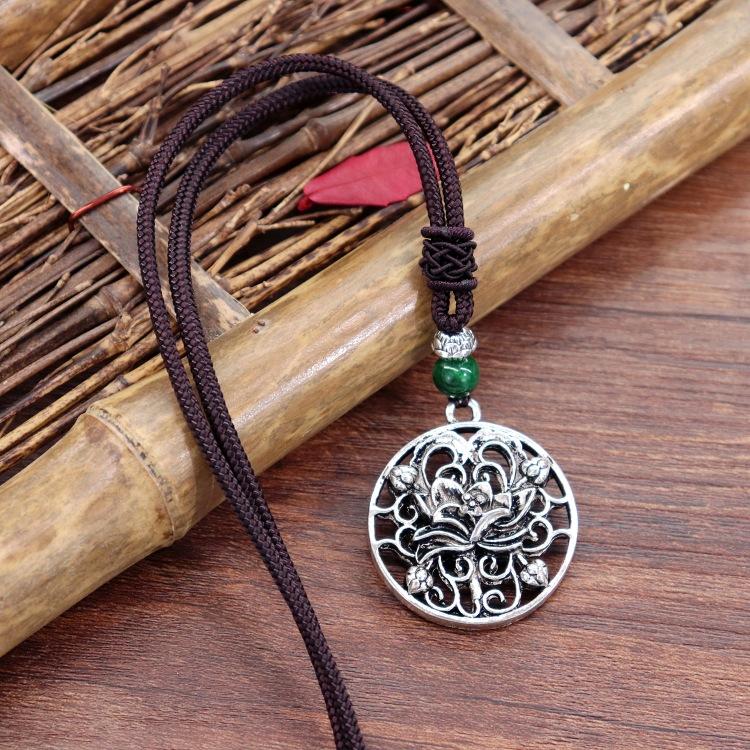 Handmade Retro Cotton and Linen Tibetan Silver Pendant Necklace Medium and Long Flower Versatile Sweater Chain Women's Simple Accessories