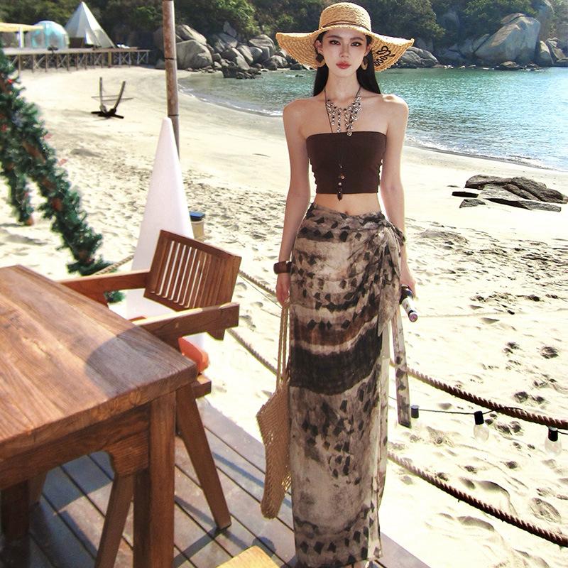 Lazy Vacation Style Hottie Tube Top Suspender Vest Summer Sexy Irregular Half Skirt Two-piece Travel Wear