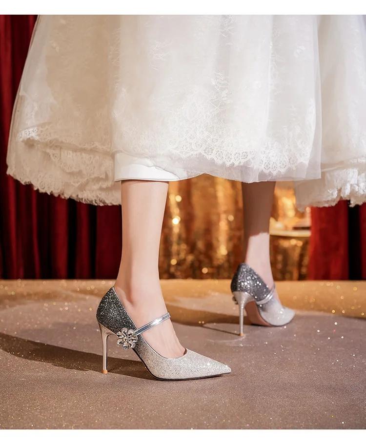 Luxury Ladies Pumps Banquet Wedding Shoes Pointed Toe Sequins Rhinestone Flowers Stiletto High Heels Single Shoes for Women
