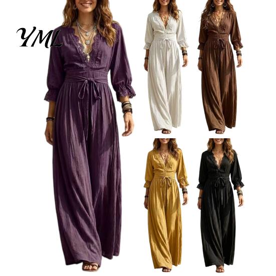 Versatile Commuter Dress Women V-Neck Lace for Fall, 3/4 Sleeves Maxi with V Neck Belt, Solid Color Loose Casual Long Vacation Daily Wear