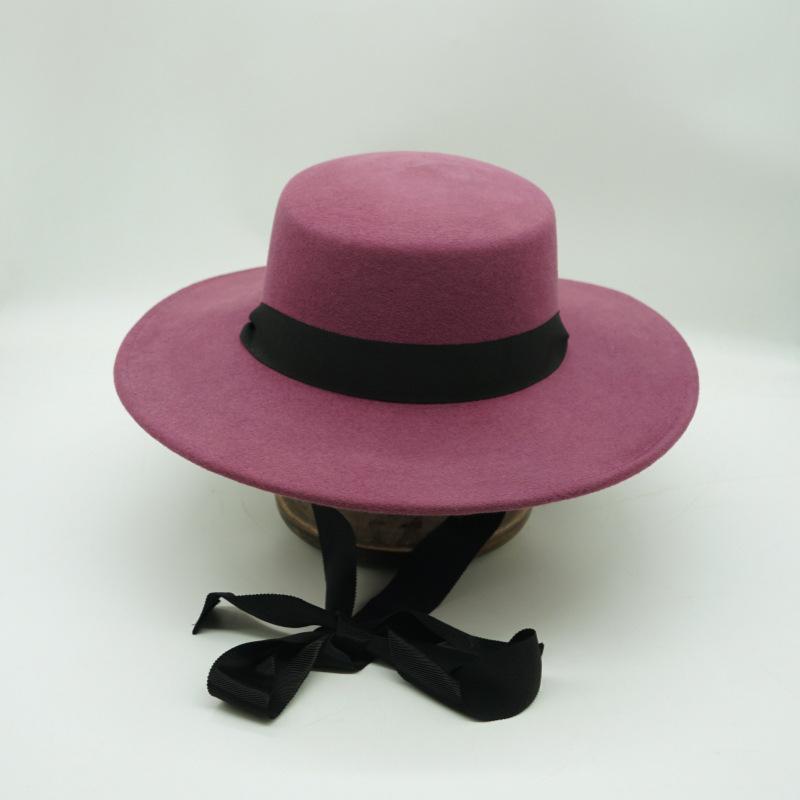 Japanese Korean Version Retro Raspberry Purple Lace-Up Removable Wool Nylon Felt Flat Top Top Hat Women'S Autumn And Winter Wide Brim British