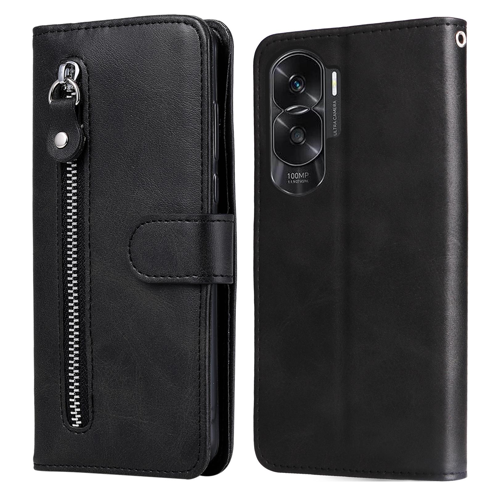 

For Honor X50i 5G/90 Lite 5G Zipper Pocket Phone Case Stand Shell Calf Texture Dustproof Wallet Smartphone Cover Black