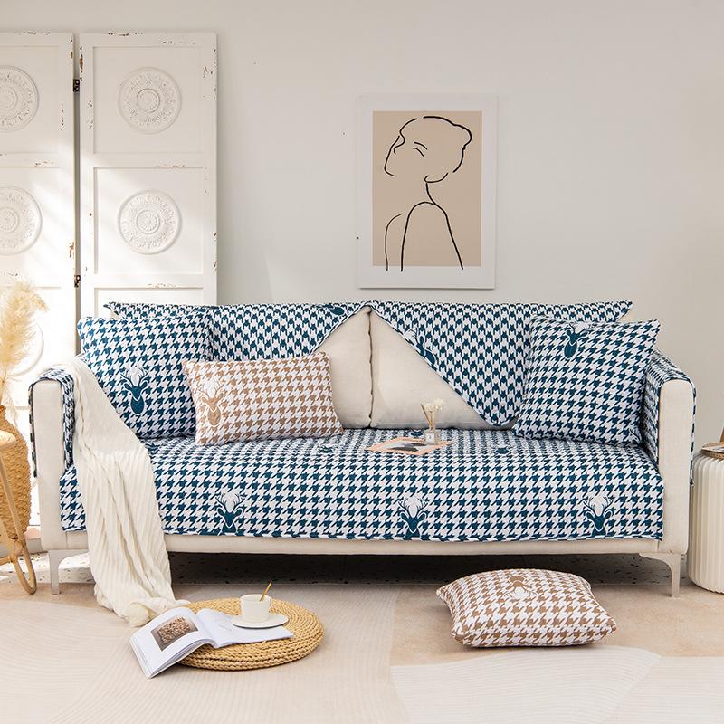 Baumwoll-Sofabezug Rutschfest Staubdicht Wohnzimmer Karomuster Sofa Liegesessel Rückenlehne Möbel Vollabdeckung Waschbar Ohne Ausbleichen für Zuhause