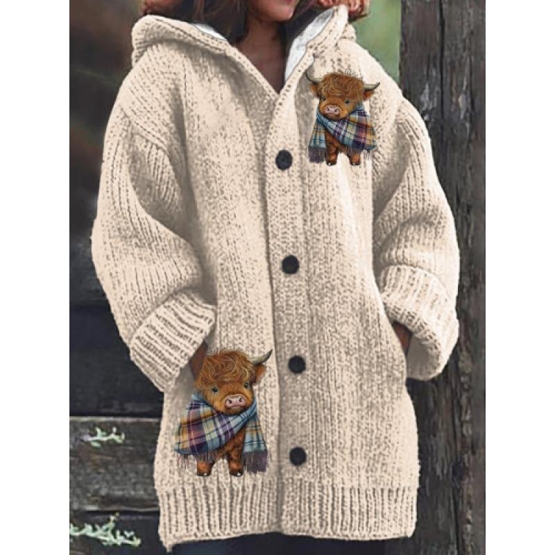 Damen Strickjacke mit Kapuze 3D Tierdruck Einreiher Langarm Mantel mit Taschen