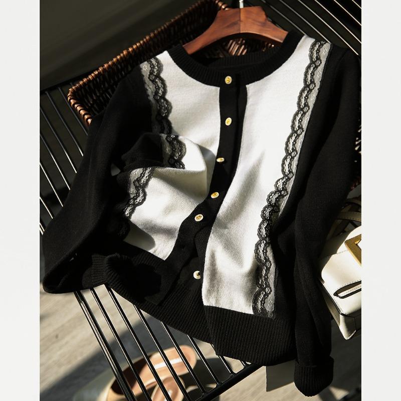 Spring Autumn Round Neck Lace Patchwork Single Breasted Knitting Coat Women Long Sleeve Cardigan Top