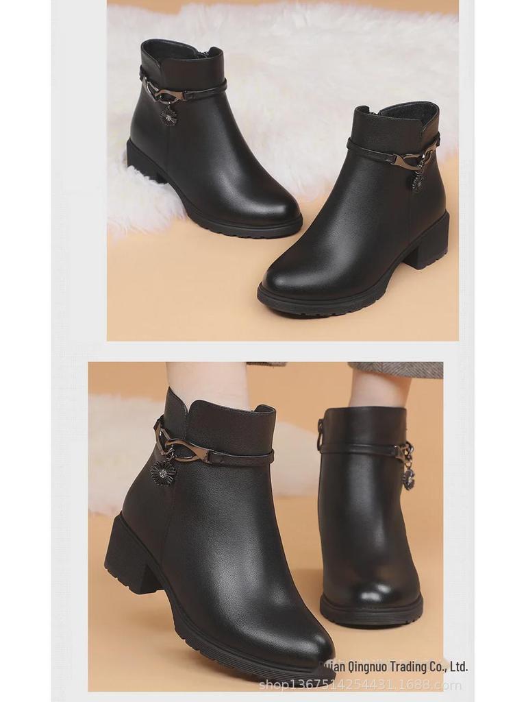 Damen Winterstiefel aus echtem Leder mit mittlerem Absatz - Weiche Sohle, Warm, Bequem für Mittelalte & Ältere