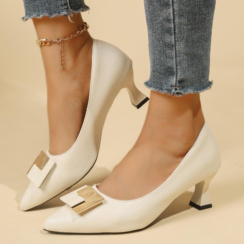 

Fashion Stiletto Single Shoes Autumn New Pointed Toe Shallow Mouth Metal Buckle Anti-slip Wear-resistant High Heels 35 бежевый