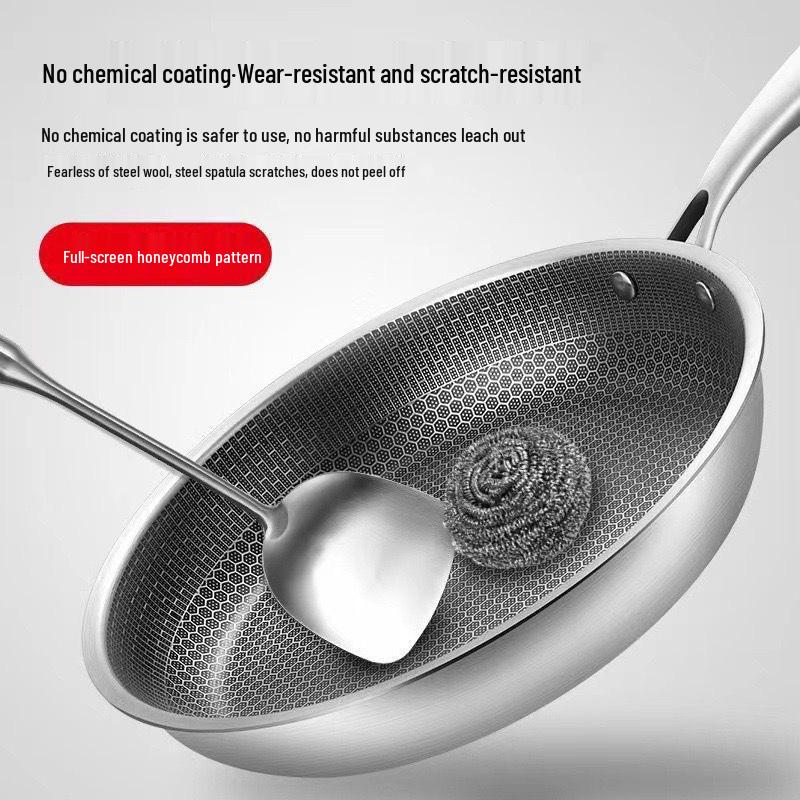Non-stick Stainless Steel Honeycomb Frying Pan, Flat-bottom, Low Oil Smoke for Frying Steak and Eggs