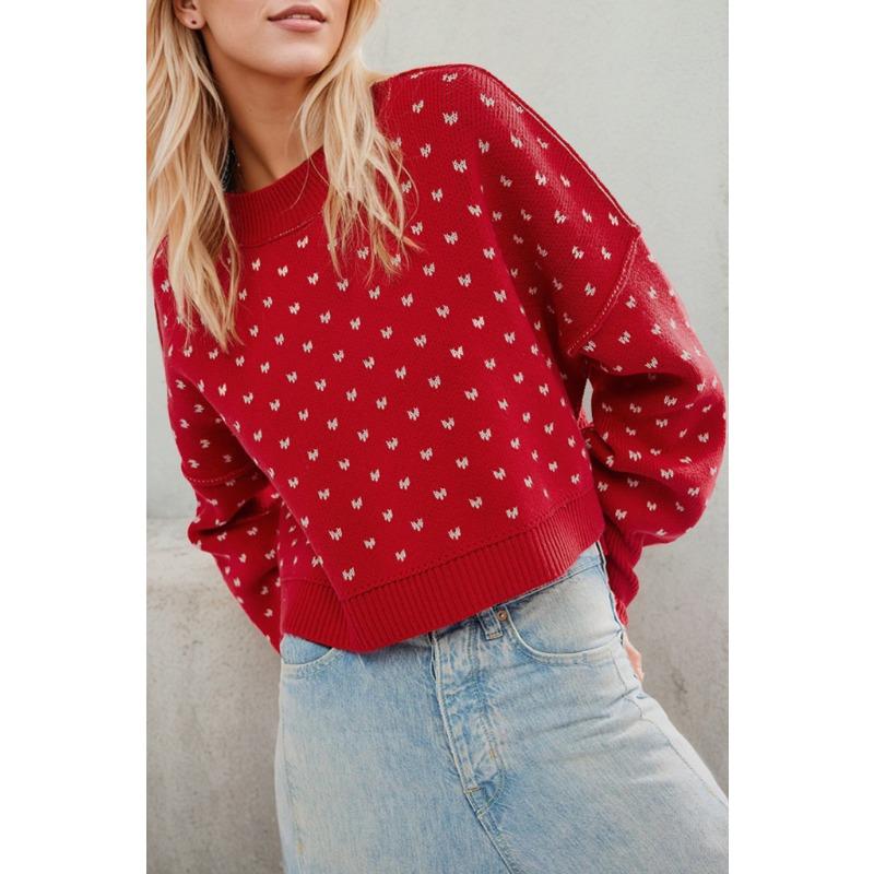 Women's Red Cropped Knit Sweater White Butterfly Pattern Round Neck Casual Pullover Top