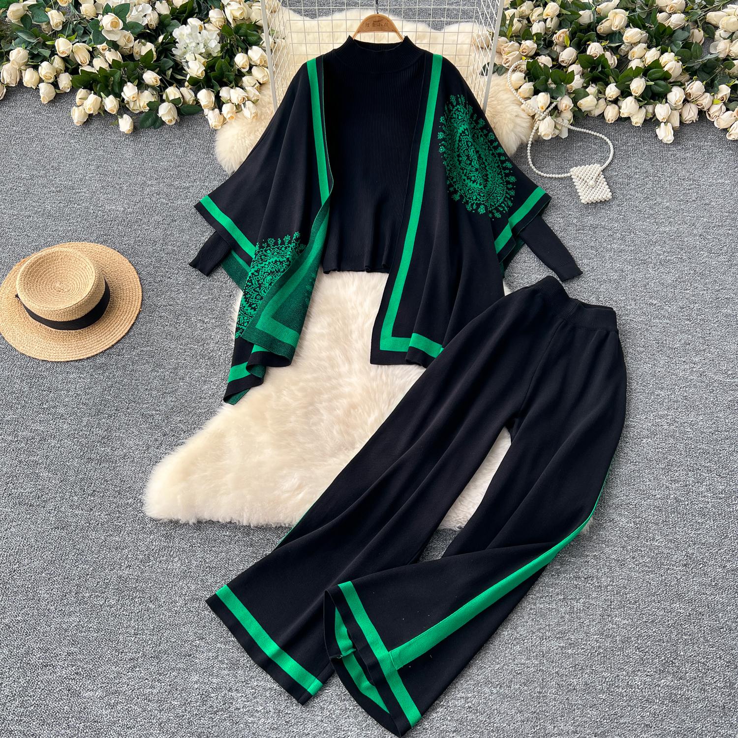 

Женские шикарные трикотажные комплекты из двух предметов с рукавами-лодочками, в стиле пэчворк, с круглым вырезом, с разрезом, с высокой посадкой, широкие брюки, модные летние комплекты One Size чёрный