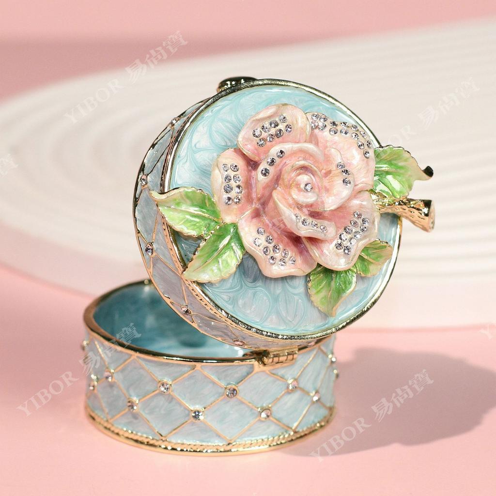 Enamel Rose Flower Jewelry Box, Alloy Light Luxury Ring Holder, Fashion Handicraft Storage Box for Earrings & Necklaces