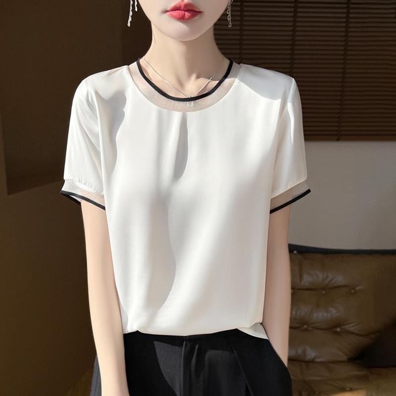 

Женская летняя футболка с короткими рукавами, 50% шелка тутового дерева, 50% полиэфирного волокна, удобная и дышащая M белый
