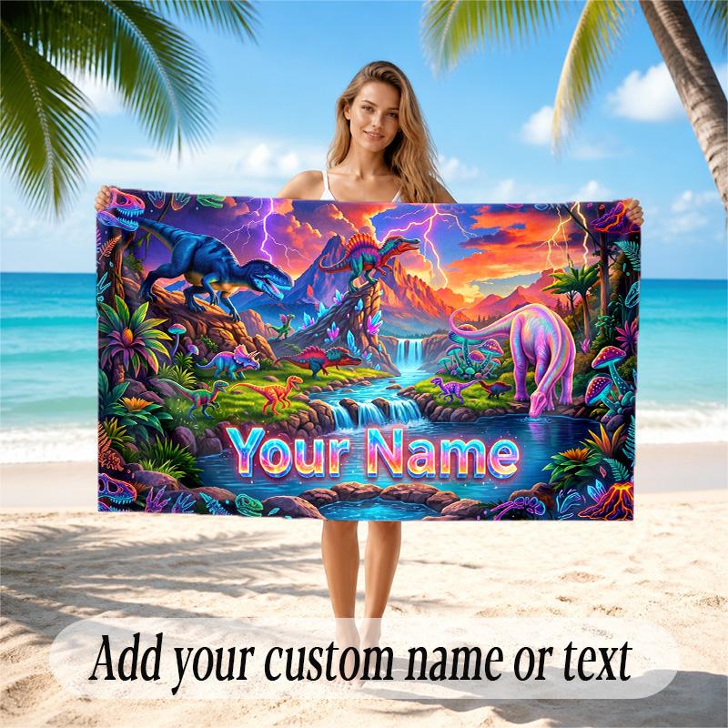 Dinosaur Theme Quick Dry Beach Towel Custom Name Text Print Large Sand Resistant Towel Beach Vacation