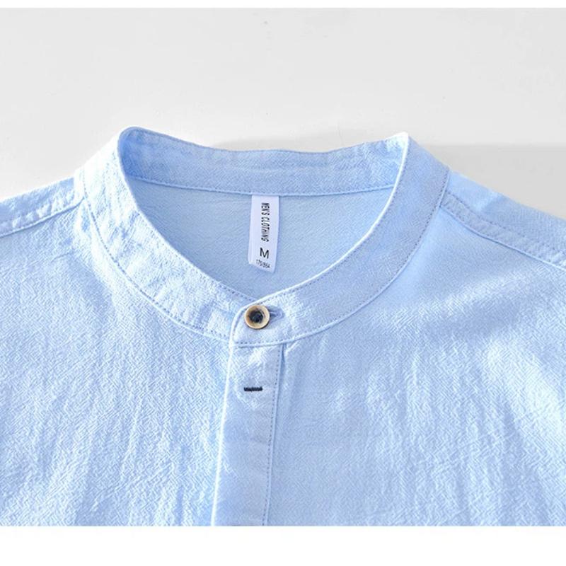 Chinese Retro Style Cotton Linen Tshirt for Men Summer Long Sleeve Top Daily Casual Stand Collar Pullover Men T-shirt 4XL