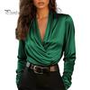 Everyday Luxury Blouse Women Shirt V-Neck Long Sleeve Pleated Design Pullover Tops Solid Smooth Fabric Color Relaxed Fit Three-Dimensional Pleats