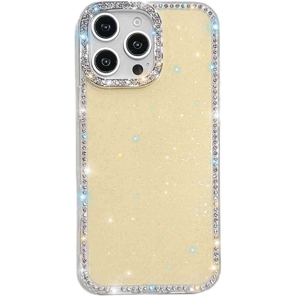For iPhone 15 Pro Case Rhinestone Edge Glitter Back TPU+PC IMD Phone Cover