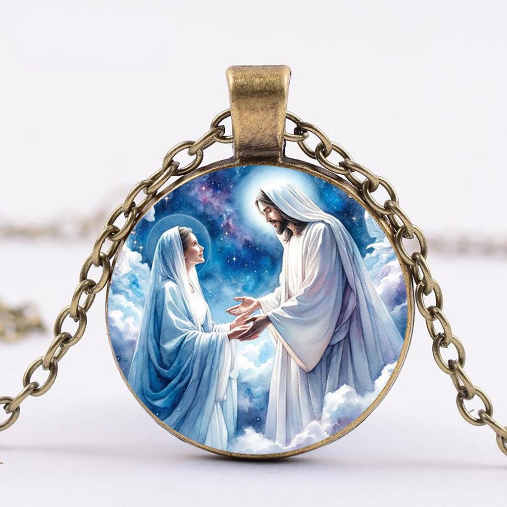 A pendant necklace featuring the scene of Jesus meeting the Virgin Mary, a time-honored gemstone glass pendant necklace suitable for everyday wear
