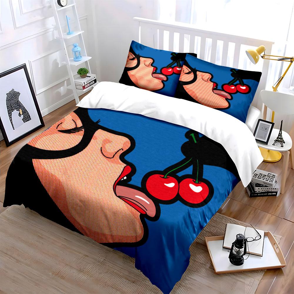 Pop Art Cherry Lips Bedding Duvet Cover Set Duvet Cover Pillowcases (1*Duvet Cover 2*Pillowcases, Without Duvet Insert)