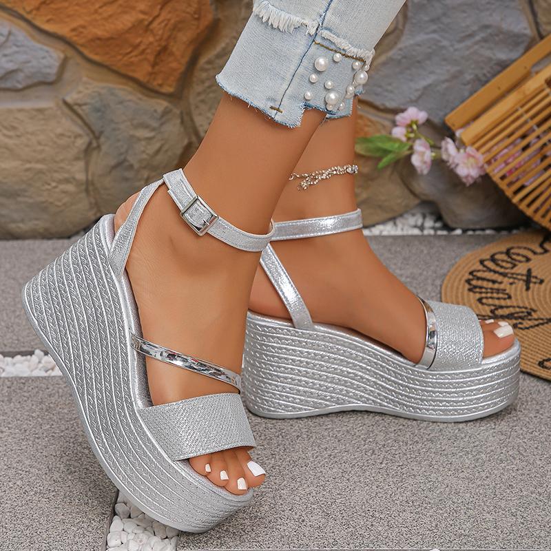 Women's Fashion Silver Platform Sandals 2025 Summer Thick Bottom Wedge Sandals for Woman Ankle Strap High Heel Sandalias Mujer