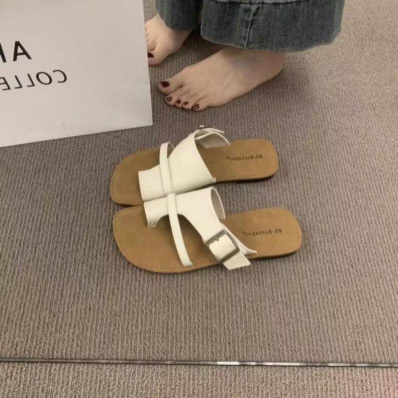 Fashion Slippers New Summer Korean Brown Toe Retraction Flat Shoes Vintage Simple Leather Ladies Women Walking Outdoor Beach Sandals