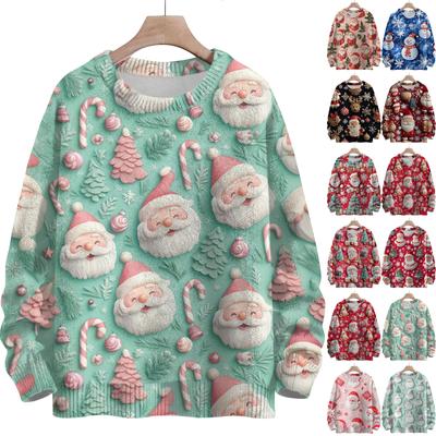Damenmode Rundhalsausschnitt Lässig Langarm Weihnachten Niedlich Bedrucktes Wollstrickoberteil