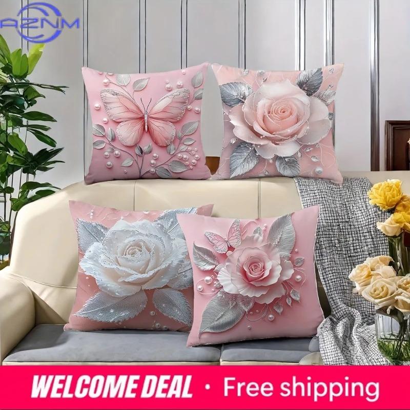 Shunika Chen Unisex Pink Home Decor Roses & Butterflies Pillow Covers Pattern Cushion Cover Suitable For Sofa Bedroom Car Pillow Cover