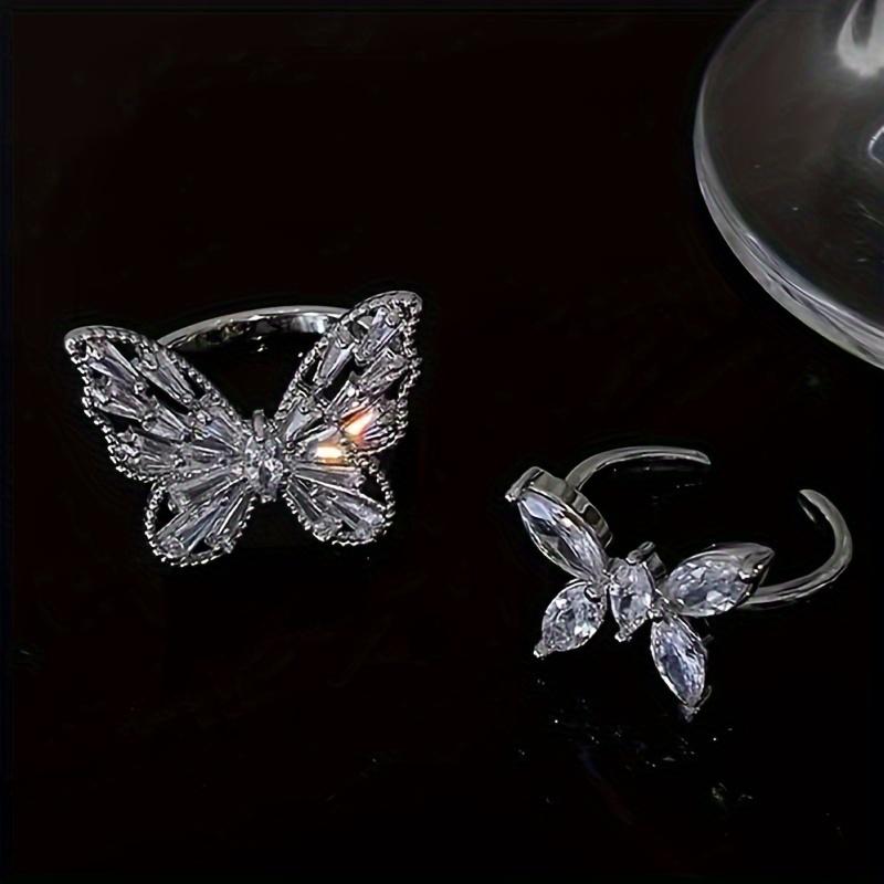 Butterfly Zirconia Ring for Women, Light Luxury Fashionable Adjustable Open Ring Two