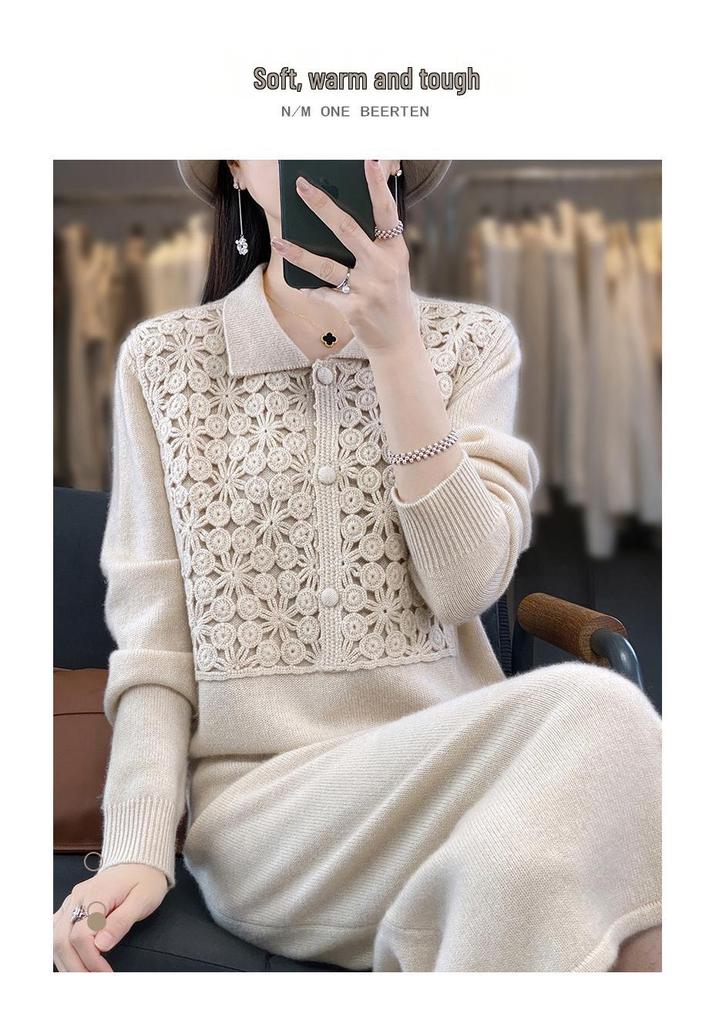 Floral Patchwork Crochet Shirt Collar Australian Wool Retro Long Skirt for Women - 2026 New Style.