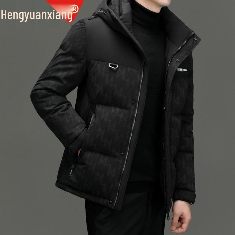 Herren Winter 2025 Kapuzen-Kurzmantel mit Patchwork-Design, gefüllt mit dicker, warmer Entendaune (nicht abnehmbar)