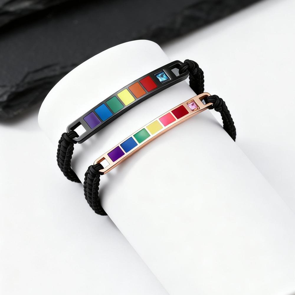Rainbow Pride Bracelets for Gay Lesbian,Waterproof Rainbow Flag Stainless Steel Long Bar Leather Wristband,LGBTQ Pride Month