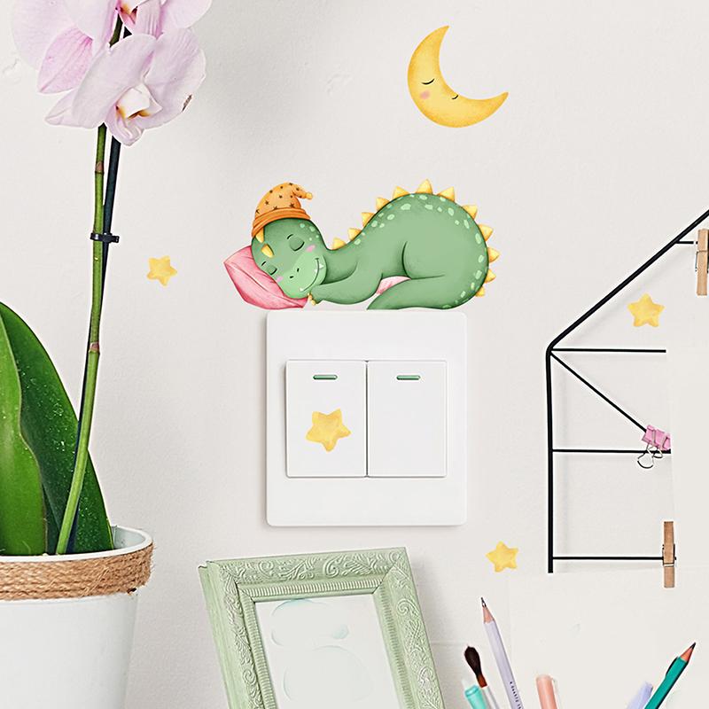 Glow-in-the-dark Dinosaur, Sun, And Moon Light Switch Stickers For Bedroom And Living Room Decorative Walls.