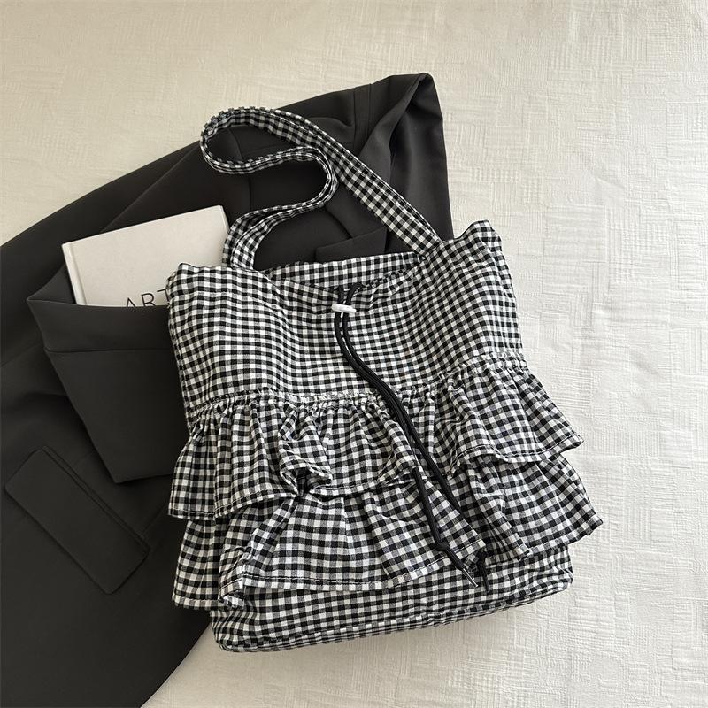 

Сумка-тоут 2025 года, новая женская сумка в клетку, кружевная сумка, повседневная сумка через плечо большой емкости чёрный