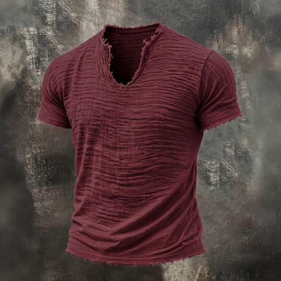 Camiseta de Hombre con Flecos Camiseta Retro de Manga Corta con Cuello en V Elegante Desgastada Camiseta de Verano para Fiesta Playa Vacaciones Gimnasio