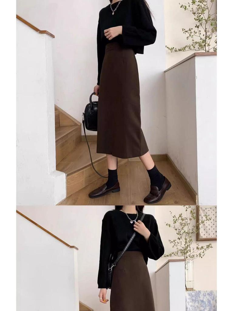 Women's High Waist Wool A-line Skirt: Slimming, Versatile, Black, Slit, Hip-Covering, Autumn/Winter 2025.