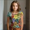 Girl Clothes Summer Cartoon Cat Graphic Children's Clothing  Doodling Short Sleeve O-Neck Top