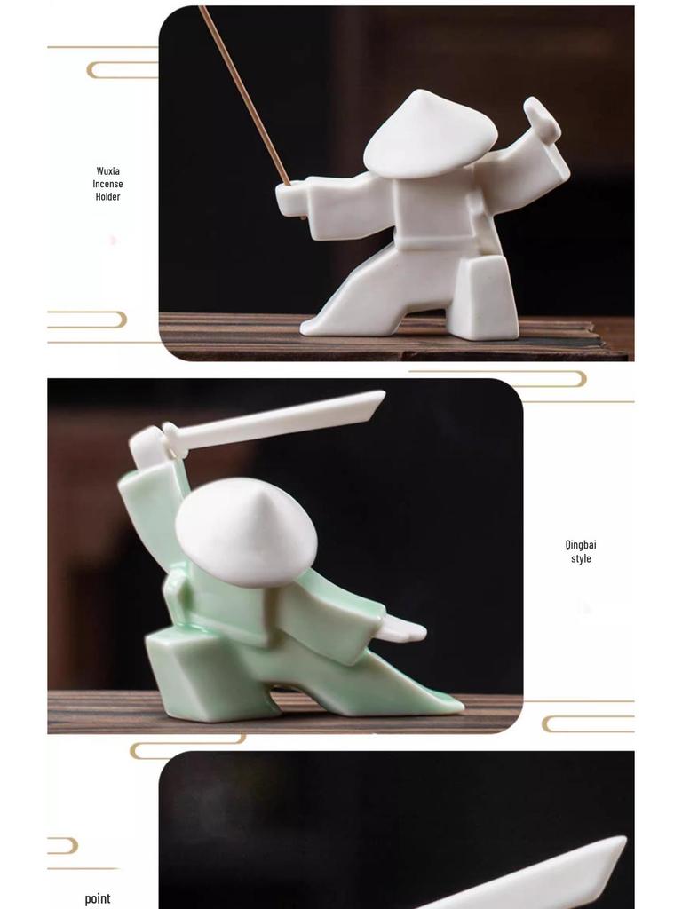 Ceramic Swordsman Incense Holder: Creative Sword-Dancing Ornament & Stick Burner Base