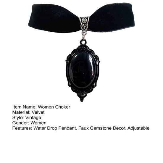 Women Choker Vintage Gothic Water Drop Geometric Adjustable Dress Up Velvet Ladies Faux Gemstone Pendant Clavicle Necklace Jewelry Gifts