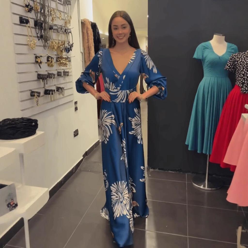 European and American Women's Clothing New Fashion Printed Bubble Sleeves V-neck INS Style Casual Pendulum Dress Long Dress